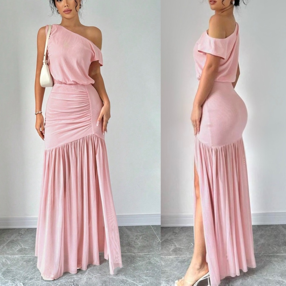 Pink drop waist riches mermaid hem asymmetrical shoulder mesh maxi dress